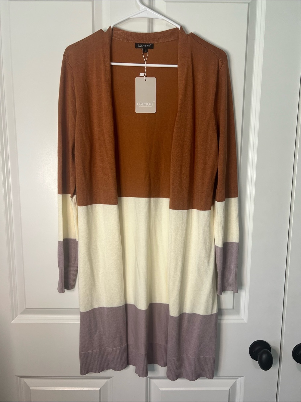 Colorblock Open Front Sweater Cardigan - Brown/Ivory/Gray